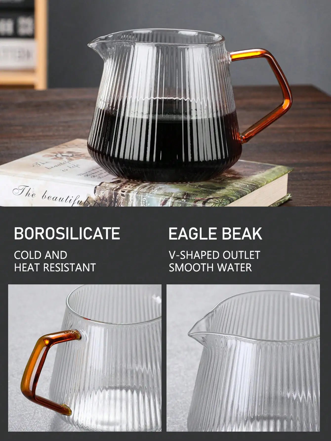 Leeseph Glass Coffee Server For Pour Over Coffee & Tea Vertical Striped Microwave Safe & Heatproof Glass Body (400ml & 600ml)
