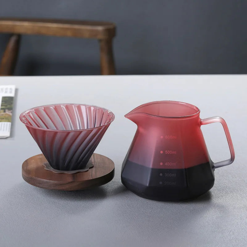 600ml High-Heat Borosilicate Glass Coffee Pour Over Set – Smart Walnut Handle Filter Cup & Sharing Pot for Home/Café/Restaurant