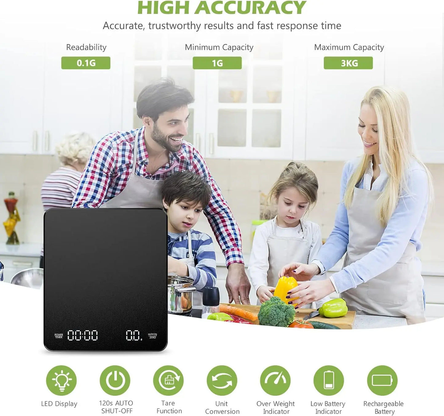 Household electronic kitchen scale, high-precision digital coffee scale with timer, small platform scale for baking food, portab